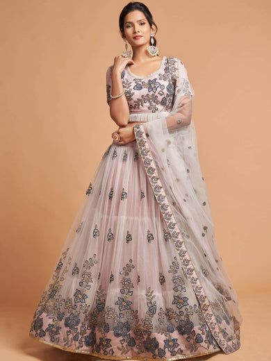 Brilliant Grey Zari Embroidered Net Party Wear Lehenga Choli